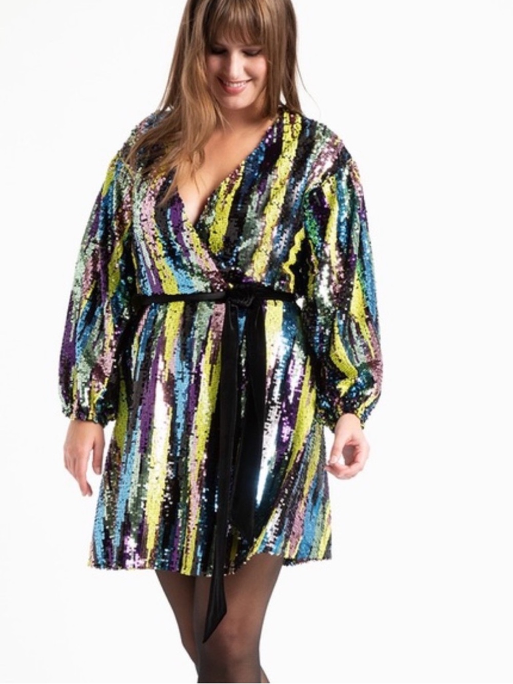 ELOQUII Sequin Wrap Dress Size 20 Multicolor Stripe Long Sleeve Party Cocktail